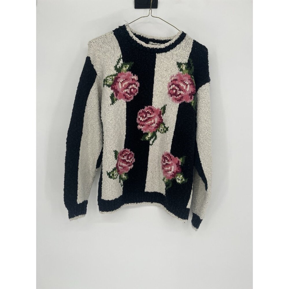 Lizwear Cotton Blend Floral Sweater Sz M Chunky Knit Roses‎